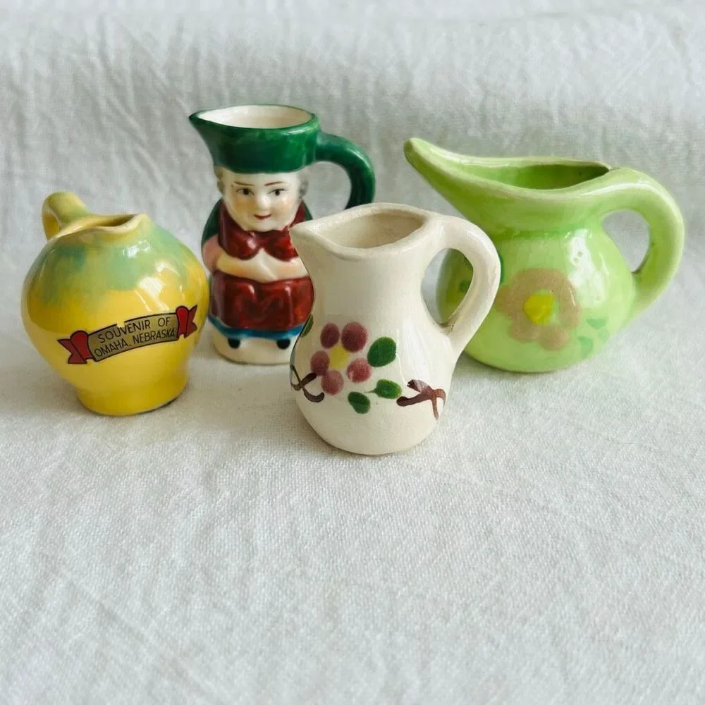 4 Vintage Miniature Pitchers Ceramic Floral Souvenir Toby Girl